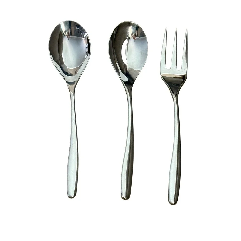 Nambe‎ Bend 3 Piece Stainless Steel Serving Set Spoon Slotted Spoon Meat Fork